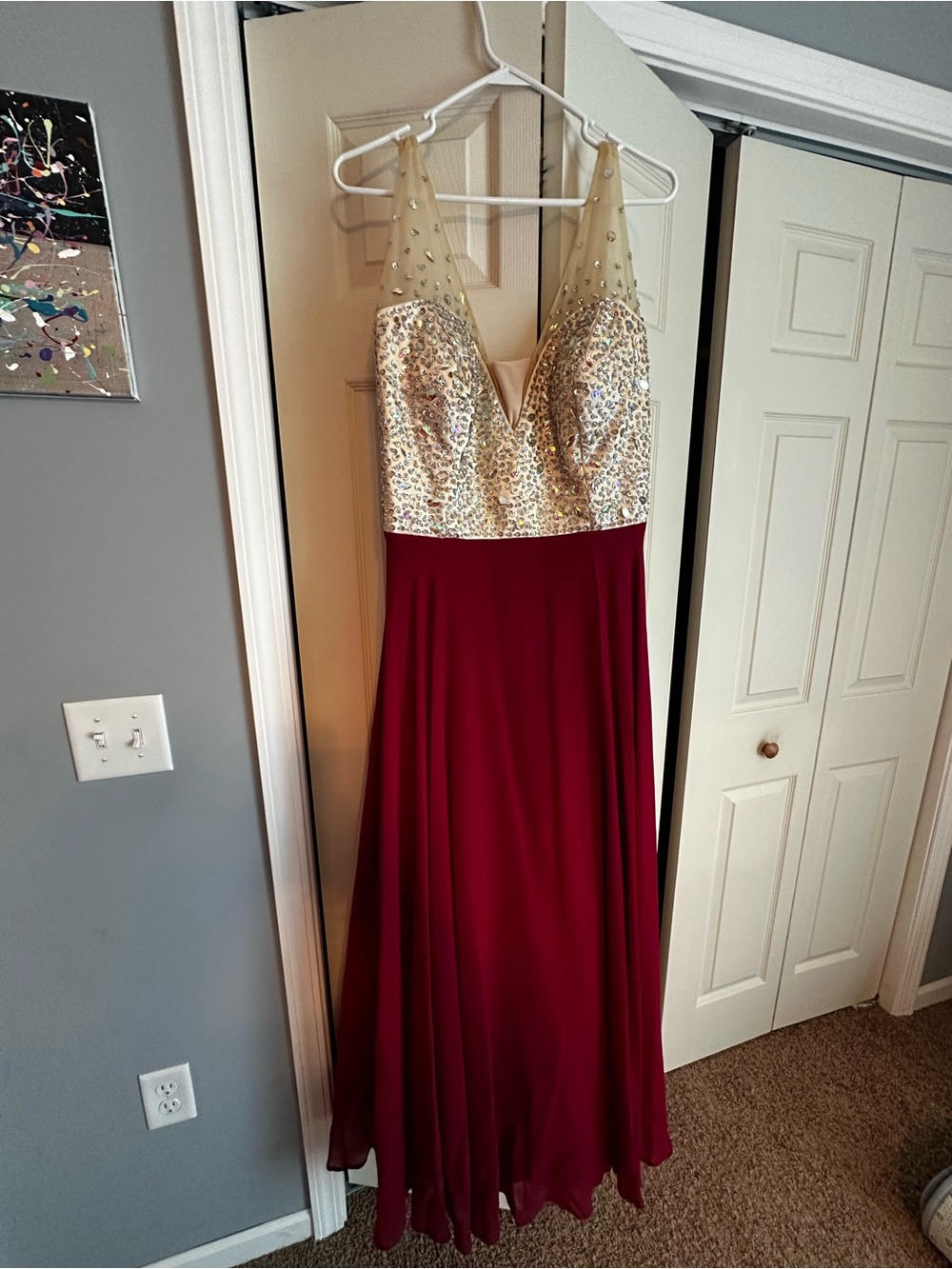 Gold Sequin Bodice Burgundy Prom Dress with Illusion Straps